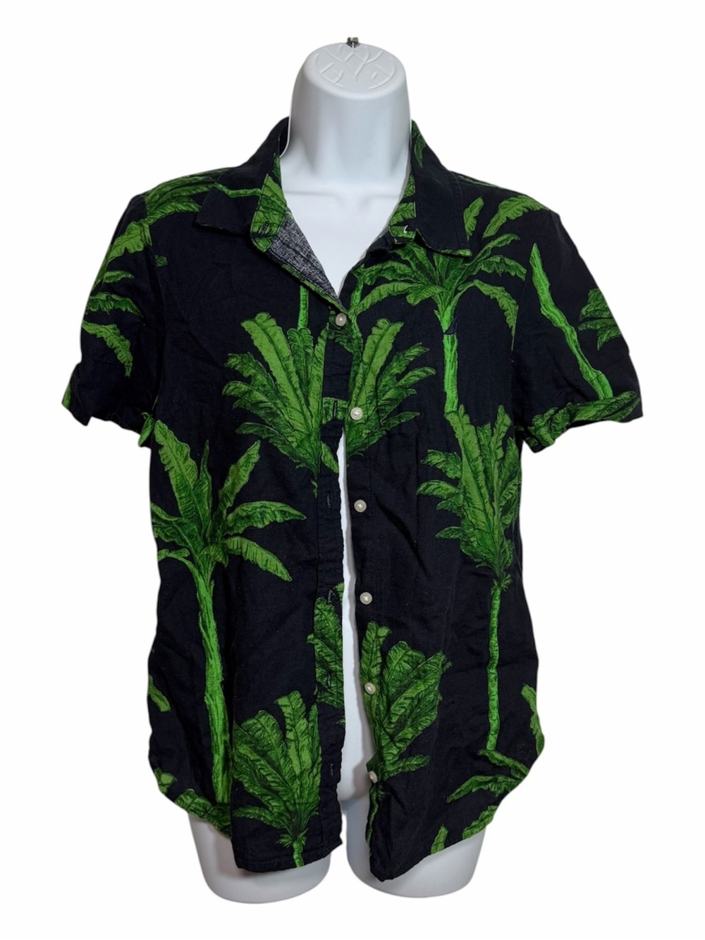 Linen Tropical Palm Print Women’s Button Front Shirt Size Small Light Summer
